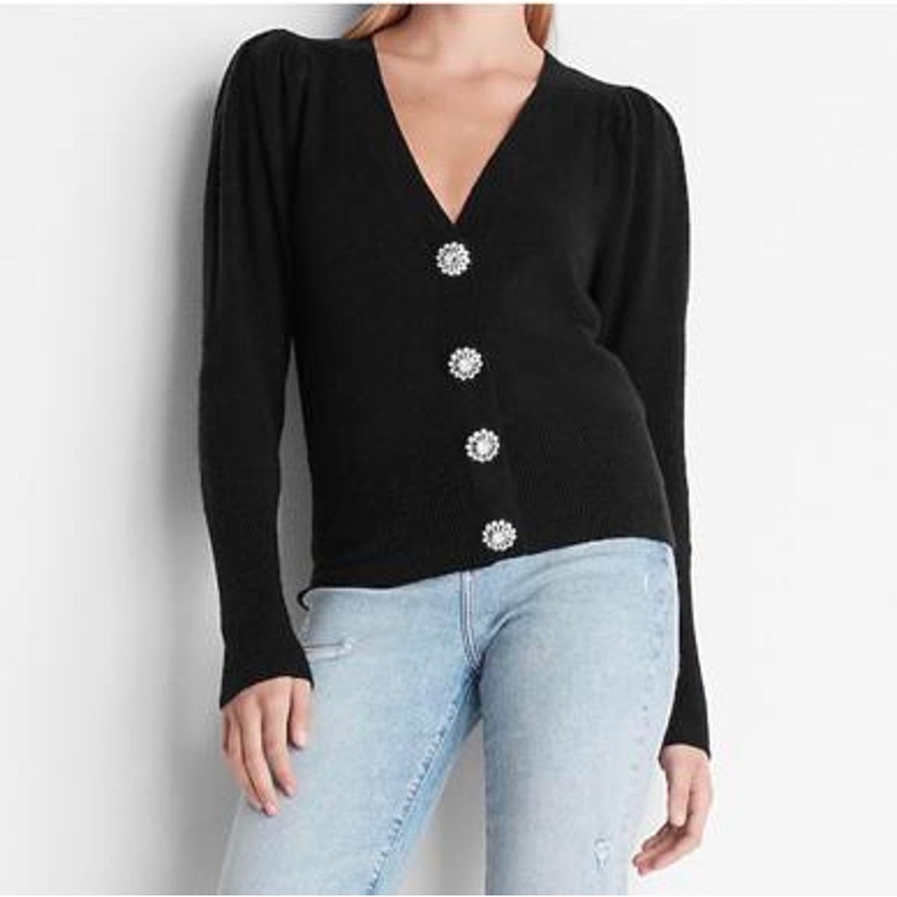 Express Black Puff Sleeve V-Neck Sweater Cardigan w/ Crystal Buttons‎ NWOT Large